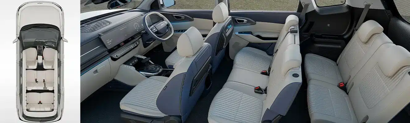 Kia Carens seating viewed from above and through the side, showing the three-row cabin