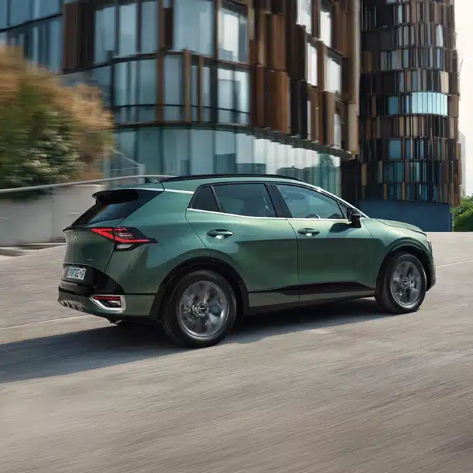 Green Kia Sportage driving past city buildings